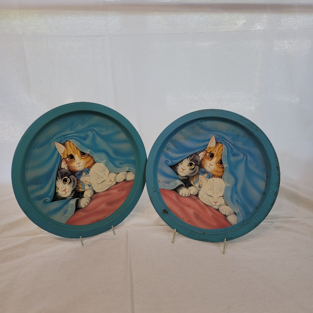 Pair vintage tin plates with cute cats hiding